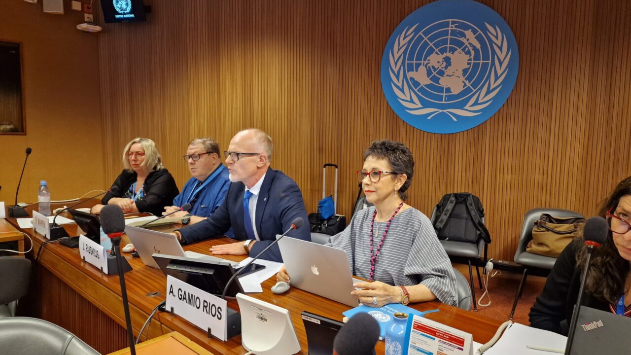 Photo of a panel of speakers at the United Nations The logo of the UN is visible in the background, and the speakers include Jonas Ruskus, former Vice-Chair of the Committee on the Rights of Persons with Disabilities, Ms. Amalia Gamio, current Vice-Chair of the Committee, and Sir Robert Martin, Co-Chair of the Committee's Working Group on Deinstitutionalization